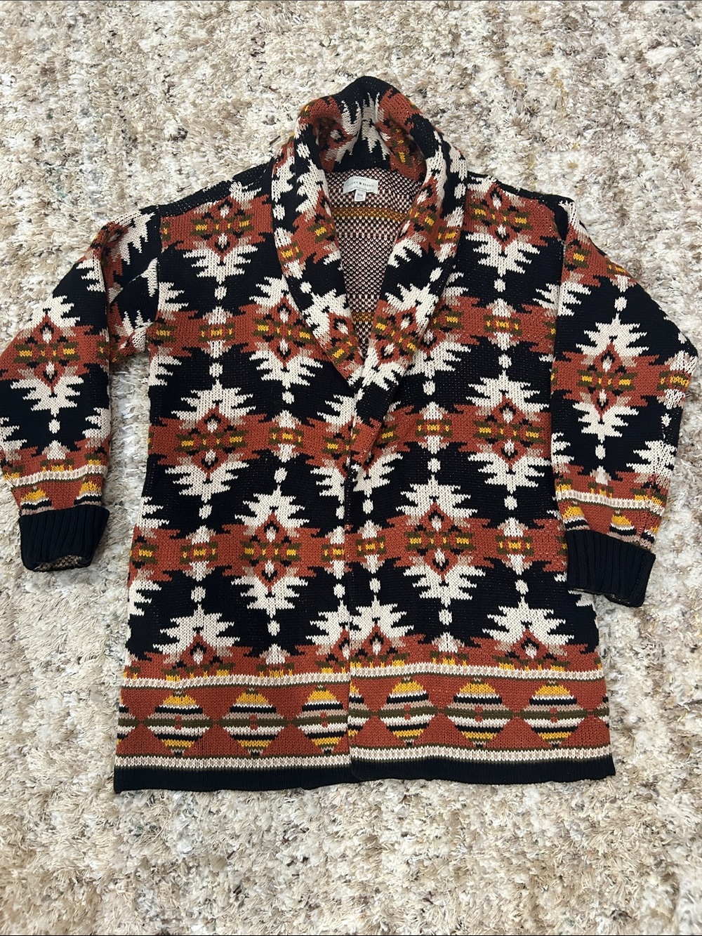 Lucky Brand Black, Rust and Cream Geometric Shawl-Collar Cardigan
